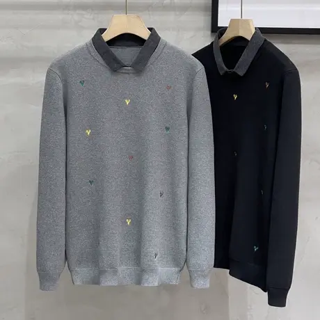 刺绣假两件毛衣男衬衫领韩版潮流打底衫针织衫男装毛线上衣秋冬季商品大图
