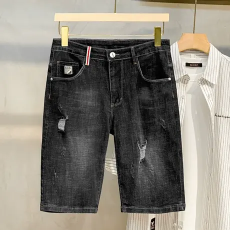 牛仔短裤男夏季薄款潮牌修身弹力五分裤子男韩版潮流黑色牛仔中裤图片