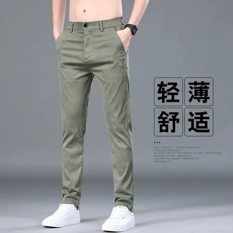 夏季修身西裤男士冰丝薄款西装男款夏天军绿色小直筒休闲裤男裤子商品大图