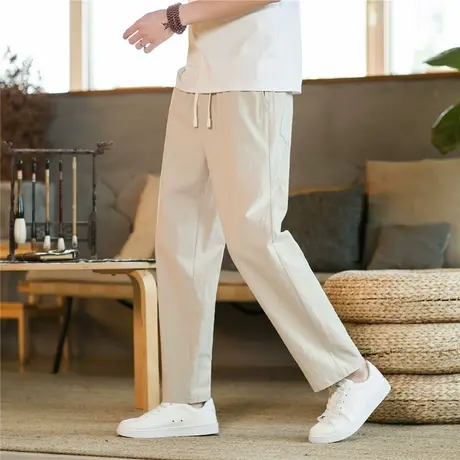 裤子男夏季薄款韩版潮流棉麻宽松直筒亚麻学生白色九分休闲裤春秋商品大图