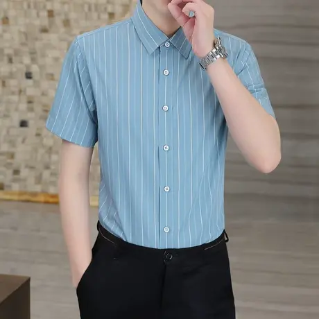 夏季新款短袖衬衫男士休闲条纹衬衣潮牌修身半袖高级感寸衫潮流装商品大图