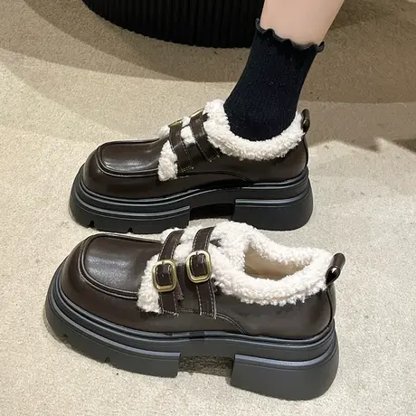 加绒小皮鞋女2023年新款秋冬毛毛爆款复古黑色英伦风百搭圆头棉鞋商品大图