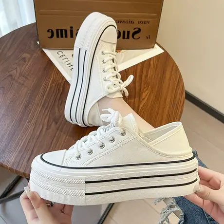 高级感小白鞋百搭复古港风休闲板鞋女2023年秋季薄款厚底帆布鞋子商品大图