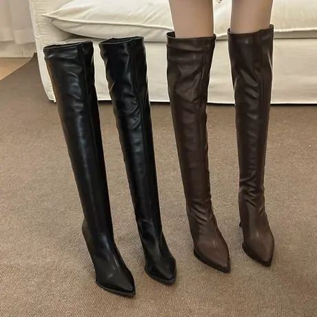 长筒靴女2023年新款秋冬季爆款过膝靴子尖头细跟高跟加绒时装靴潮商品大图