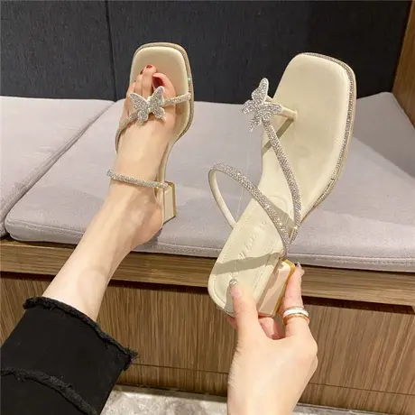 凉鞋女夏季仙女风2024新款时尚水钻蝴蝶结套趾粗跟罗马凉拖中跟鞋商品大图