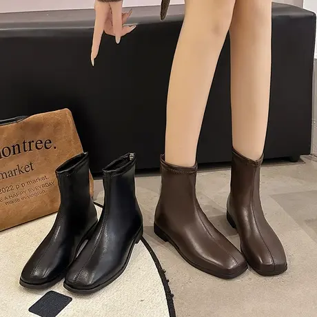 复古方头马丁靴女短靴2023冬季新款加绒韩系法式弹力靴平底瘦瘦靴图片