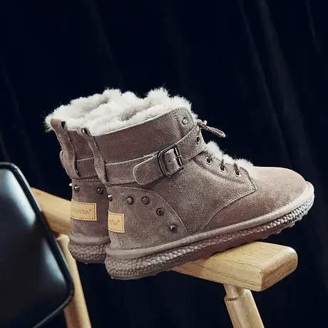 雪地靴女2023冬季新款短筒牛皮加绒学生户外棉鞋加厚羊毛马丁靴女图片