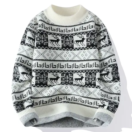圣诞毛衣男冬季新款卡通格纹提花针织衫男内搭学生圆领保暖打底衫商品大图