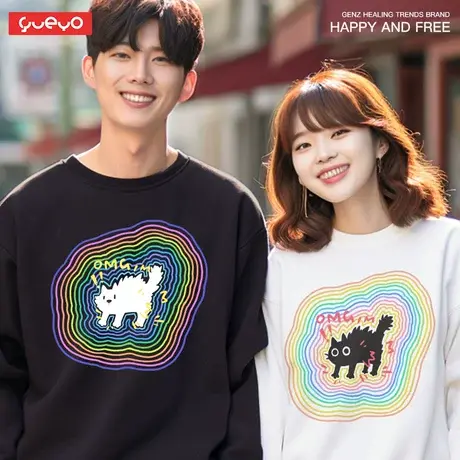 悦游 迷幻线条 猫狗暹罗彩色原创设计潮牌加绒印花圆领卫衣男商品大图