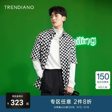 TRENDIANO夏季男装新款时尚潮流棋盘格印花翻领短袖衬衫男商品大图
