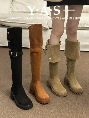 过膝长靴女2023年新款秋冬复古棕色粗跟长筒靴显瘦加绒高筒骑士靴图片