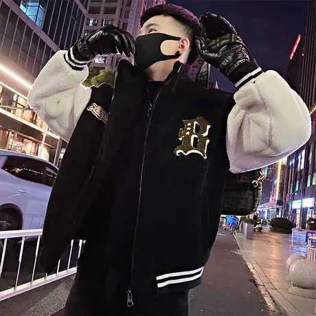 摇粒绒棉服男冬季个性潮牌加厚设计感美式字母刺绣羊羔毛棉衣外套图片