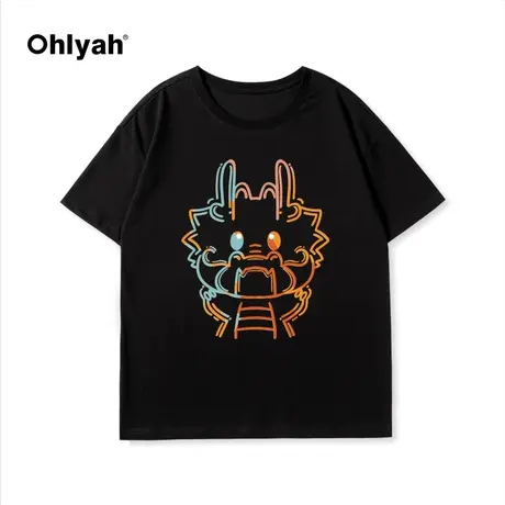 Ohlyah2024春夏新款纯棉圆领上衣宽松小龙印花短袖情侣T恤女潮牌图片