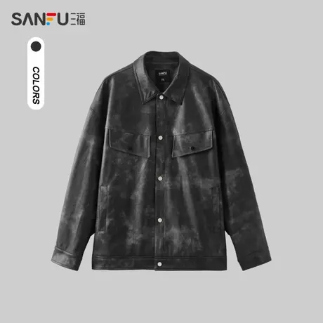 三福2024春季男士双袋蜡染PU皮绒里夹克 怀旧翻领外套男481210商品大图