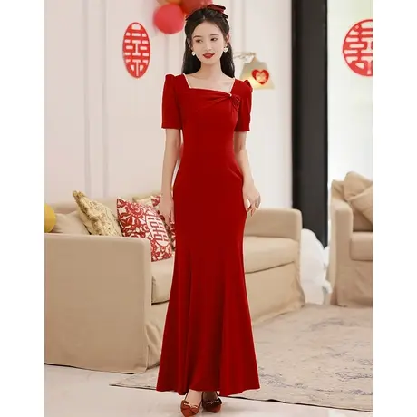 酒红色敬酒服新娘2023新款法式方领鱼尾缎面礼服女夏季订婚连衣裙商品大图