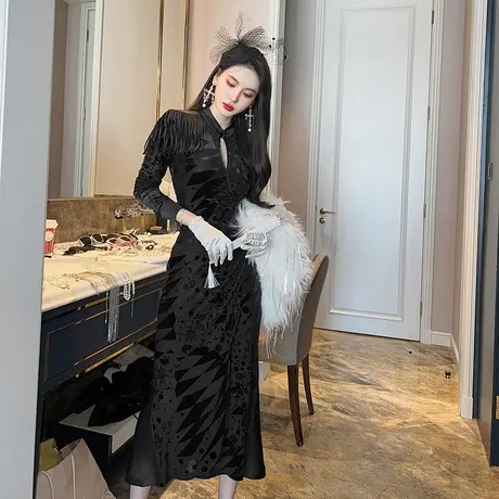 法式改良旗袍女2024别致高级感复古国风长袖宴会小礼服裙连衣裙子商品大图