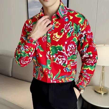 潮流东北牡丹大花长袖衬衫男士中国民族风男装高级感网红衬衣外套商品大图