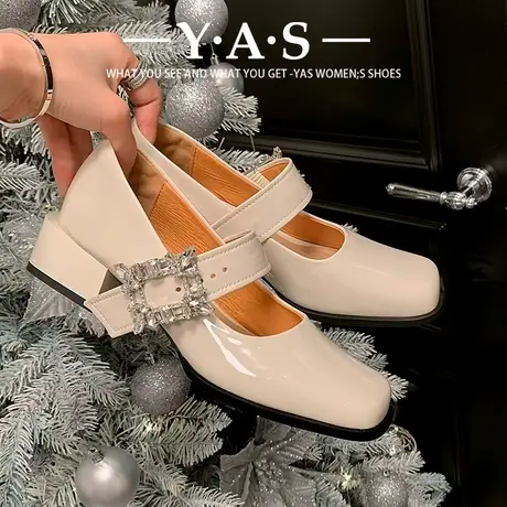 法式复古高跟鞋女2024年春季新款配裙子玛丽珍百搭浅口水钻小皮鞋图片