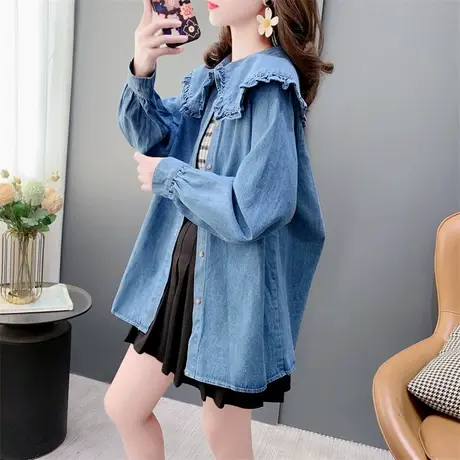 娃娃领木耳边减龄牛仔衬衫女春季2024年新款宽松洋气甜美长袖上衣图片