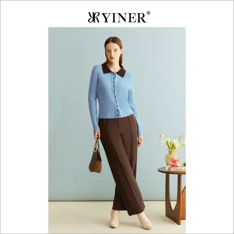 【裸感羊绒】YINER音儿女装冬季绵羊毛撞色翻领针织衫商品大图