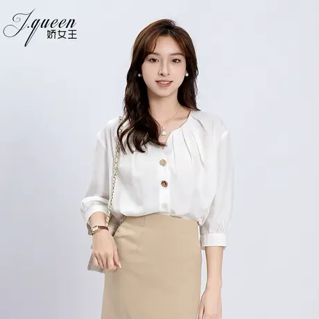 衬衫上衣女春季新款气质通勤职场轻熟风法式v领小衫白色短袖衬衣图片