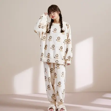 唐狮加厚睡衣套装女卡通狮子印花秋冬宽松长袖可外穿家居服两件套图片