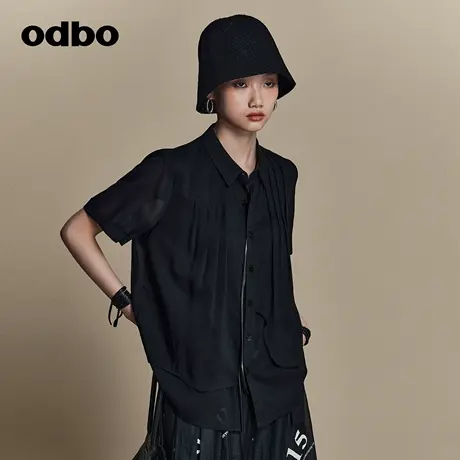 odbo/欧迪比欧原创设计感短袖压褶衬衫女夏季2023年新款宽松上衣商品大图