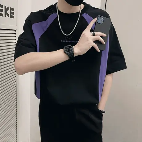 潮牌短袖T恤男夏季新款痞帅撞色高级设计感INS男装上衣半袖体恤潮商品大图