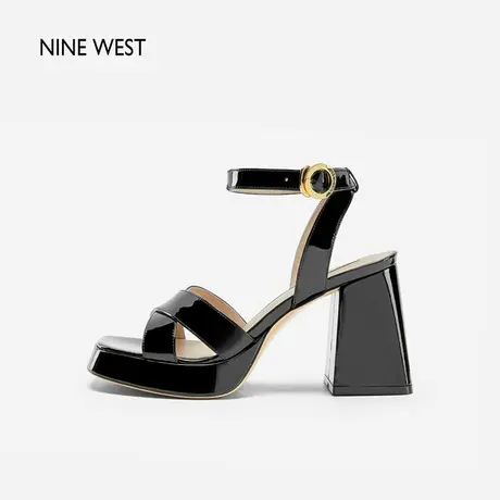 Nine West/玖熙漆皮方头粗跟凉鞋2024年夏季新款露趾防水台高跟鞋商品大图