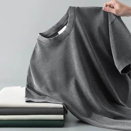 285g重磅纯棉t恤男士短袖夏季纯色落肩款五分袖宽松美式全棉半袖商品大图