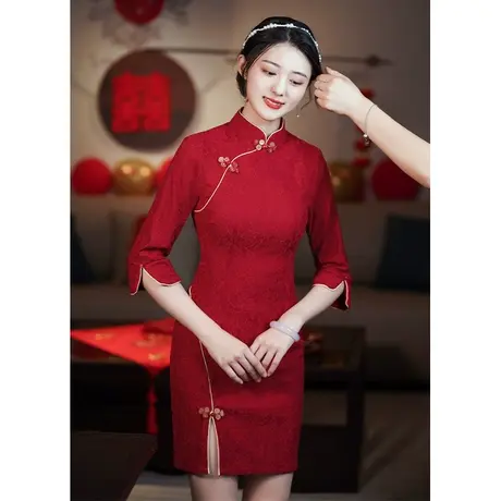 旗袍敬酒服中式2023新款新娘结婚高端酒红色礼服小个子短款高级感商品大图