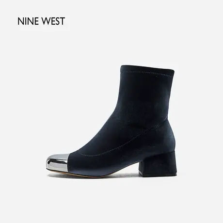 Nine West/玖熙甜酷风金属头粗跟短靴2023冬新款拼色弹力通勤单靴商品大图
