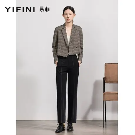 Yifini/易菲高腰黑色通勤休闲长裤女春秋新款宽松百搭直筒裤商品大图