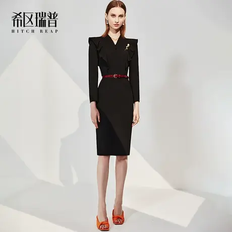 希区高端法式连衣裙2023新款秋冬女装气质荷叶边时尚职业修身长裙图片