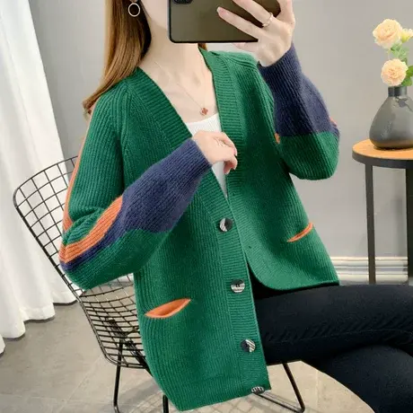 毛衣外套2023年新款女爆款春秋百搭网红V领宽松针织口袋开衫上衣商品大图