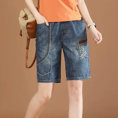 韩潮袭人松紧高腰刺绣五分牛仔裤女2023夏季新款宽松直筒短裤子薄商品大图