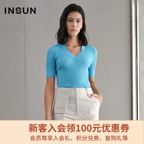 恩裳夏季毛针织衫短袖修身v领纯色薄款气质打底衫上衣商品大图