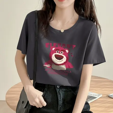 正肩纯棉短袖t恤女夏季2023年新款草莓熊印花宽松半袖上衣服ins潮商品大图