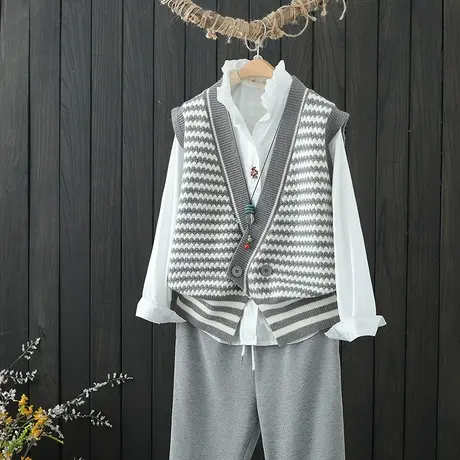 文艺范条纹拼色针织马甲女秋季新款V领宽松无袖坎肩短款毛线背心商品大图