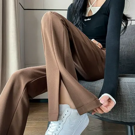咖色开叉微喇裤女2023早秋新款喇叭马蹄裤高腰垂感修身显瘦休闲裤图片