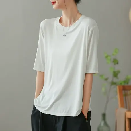 dza复古白色短袖T恤女2023夏季薄款圆领打底体恤宽松显瘦套头上衣商品大图