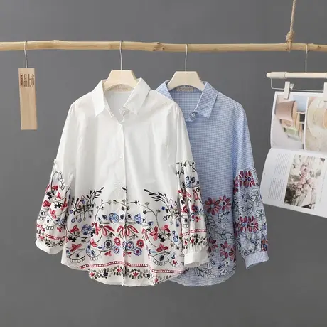 文艺女装3D提花纯棉白衬衫女2023新款长袖衬衣百搭春秋装打底上衣商品大图