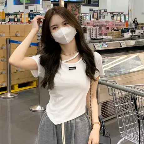 设计感小众不规则辣妹短袖T恤女装夏季修身短款打底衫bm露脐上衣商品大图