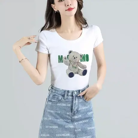 卡通熊烫钻T恤女短袖夏季修身半袖汗衫欧货体恤上衣欧洲站紧身潮图片