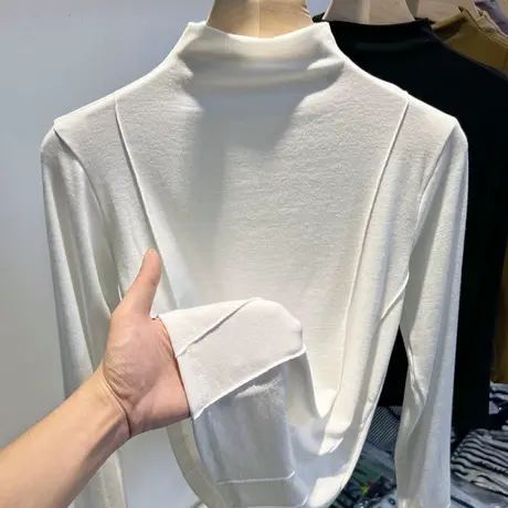欧货设计感半高领长袖T恤女2022秋冬新款软糯别致内搭打底衫上衣商品大图