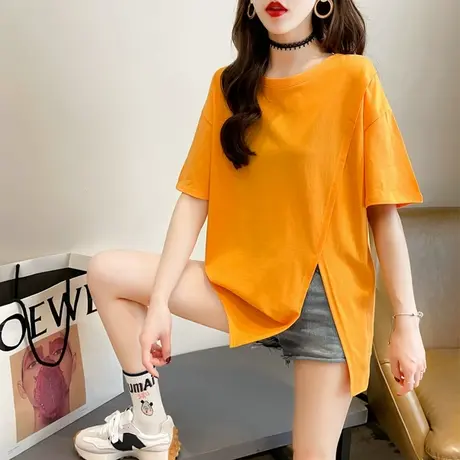 设计感小众短袖t恤女夏季韩版宽松中长款不规则开叉小个子上衣服商品大图