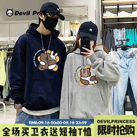 chic秋季ins潮牌卡通美式情侣卫衣oversize宽松大版加绒帽衫上衣图片