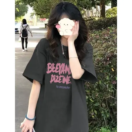 纯棉短袖t恤女夏季2023新款小个子美式复古宽松半袖上衣oversize商品大图