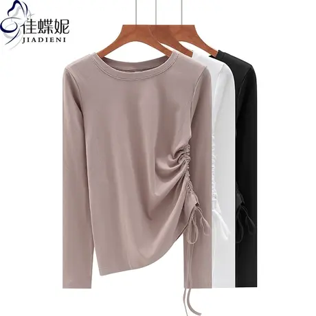 秋冬新款韩版圆领抽绳修身纯棉纯色长袖体恤上衣内搭女打底衫T恤图片