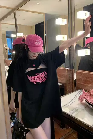 vintage美式甜辣风t恤女大码镂空爱心辣妹短袖两件套ins纯棉上衣商品大图